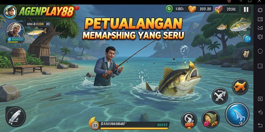 Screenshot AGENPLAY88 menampilkan aksi seru memancing di laut yang luas.