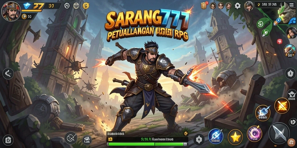 Screenshot gameplay SARANG777 menampilkan pertarungan epik dan karakter yang menarik.